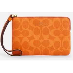 Coach Corner Zip Wristlet - Mandarin Orange Signature Coated Canvas -NWT